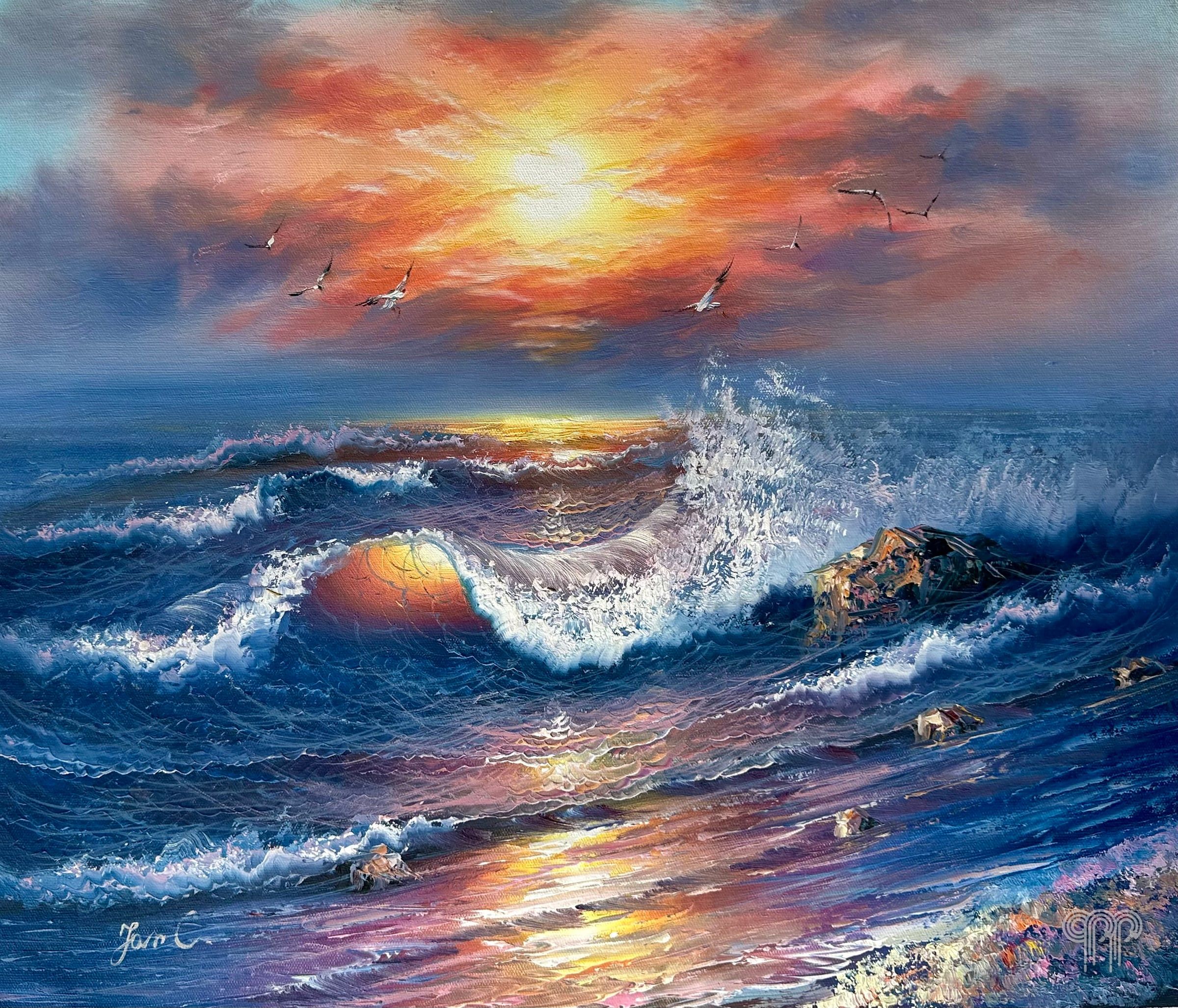 Ölgemälde Sonnenuntergang - Bild fürs Schlafzimmer, fürs Wohnzimmer, bunte Meereswelle, Möwen, Meereslandschaft, 60 x 50 cm