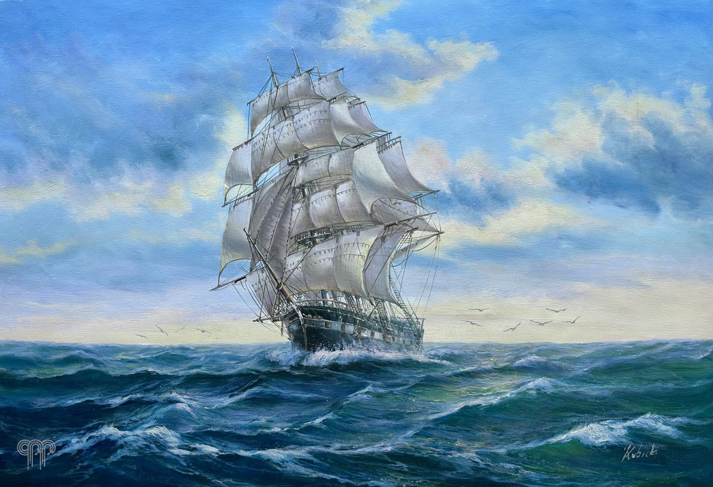 Ölgemälde Segelschiff I - Segelschiff mit vollen Segeln auf See, Wellen, Wolkenhimmel, Marinebild, Marinemalerei, Bild für die Kanzlei, 90 x 60 cm