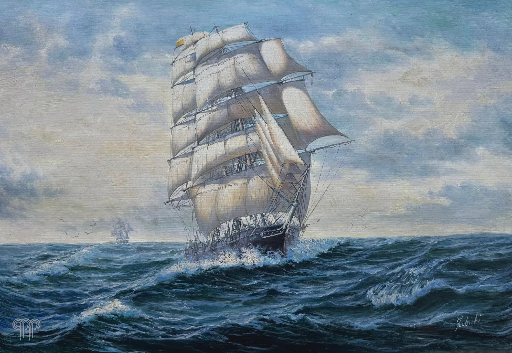 Obraz olejny Żaglowiec II - statek na wzburzonym morzu, białe żagle, pochmurne niebo, sztorm, marynistyka, obraz do biura, 90 x 60 cm