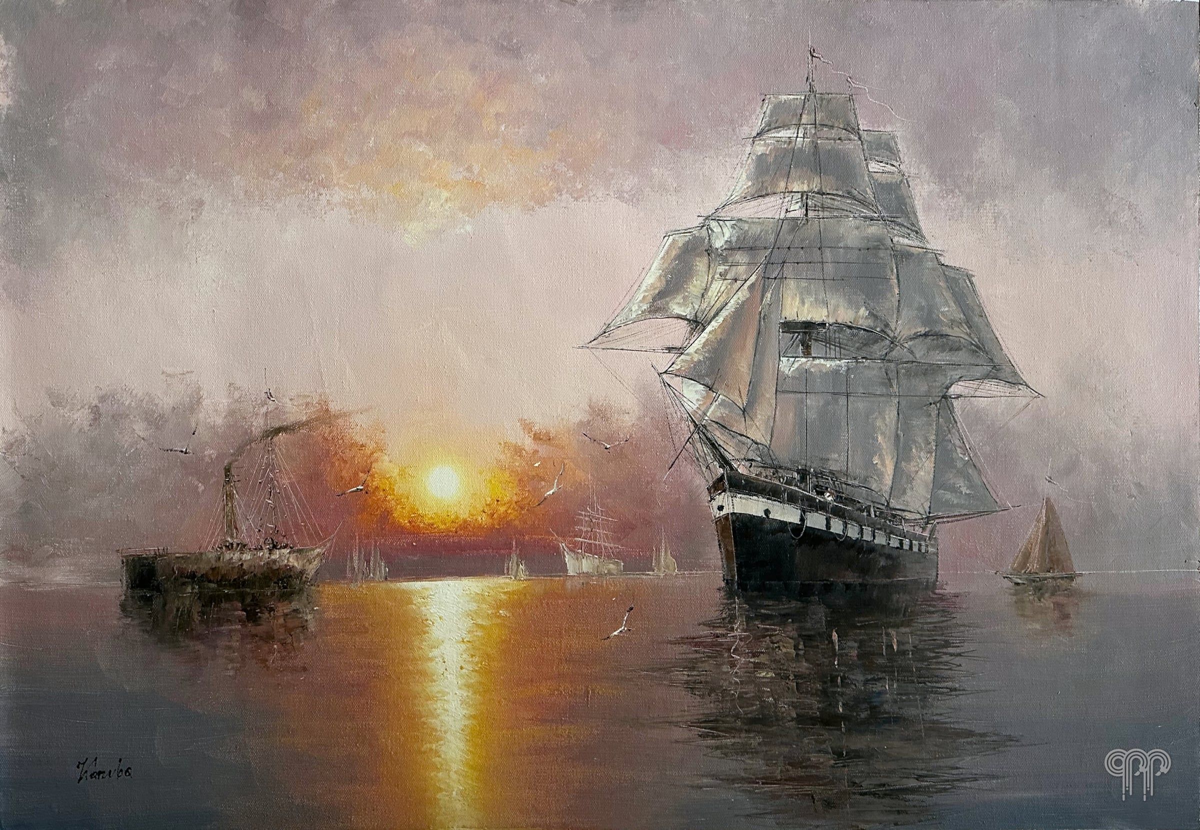 Ölgemälde Segelschiff im Sonnenuntergang I - Bild fürs Schlafzimmer, Marinemalerei, Segelschiff auf See, Dunst über dem Wasser, kleines Schiff in der Ferne, Marinebild, 90 x 60 cm