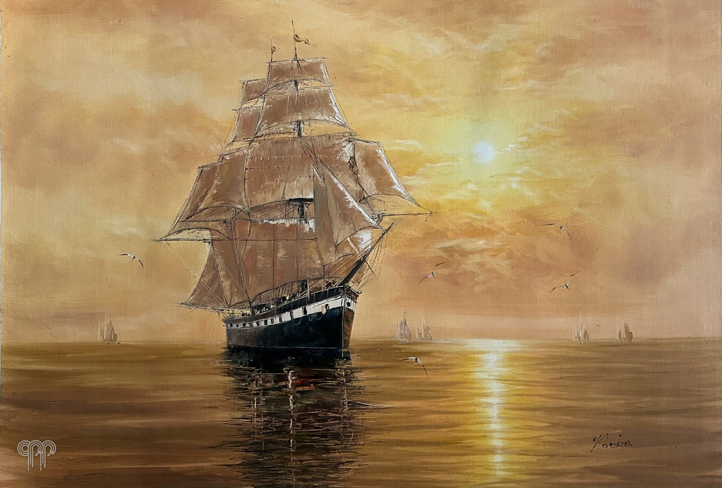 Ölgemälde Segelschiff im Sonnenuntergang II - Bild in Sepia, Bild fürs Wohnzimmer, Marinemalerei, Segelschiff auf ruhiger See, goldene Sonne über dem Wasser, warme Farben, Marinebild, 90 x 60 cm