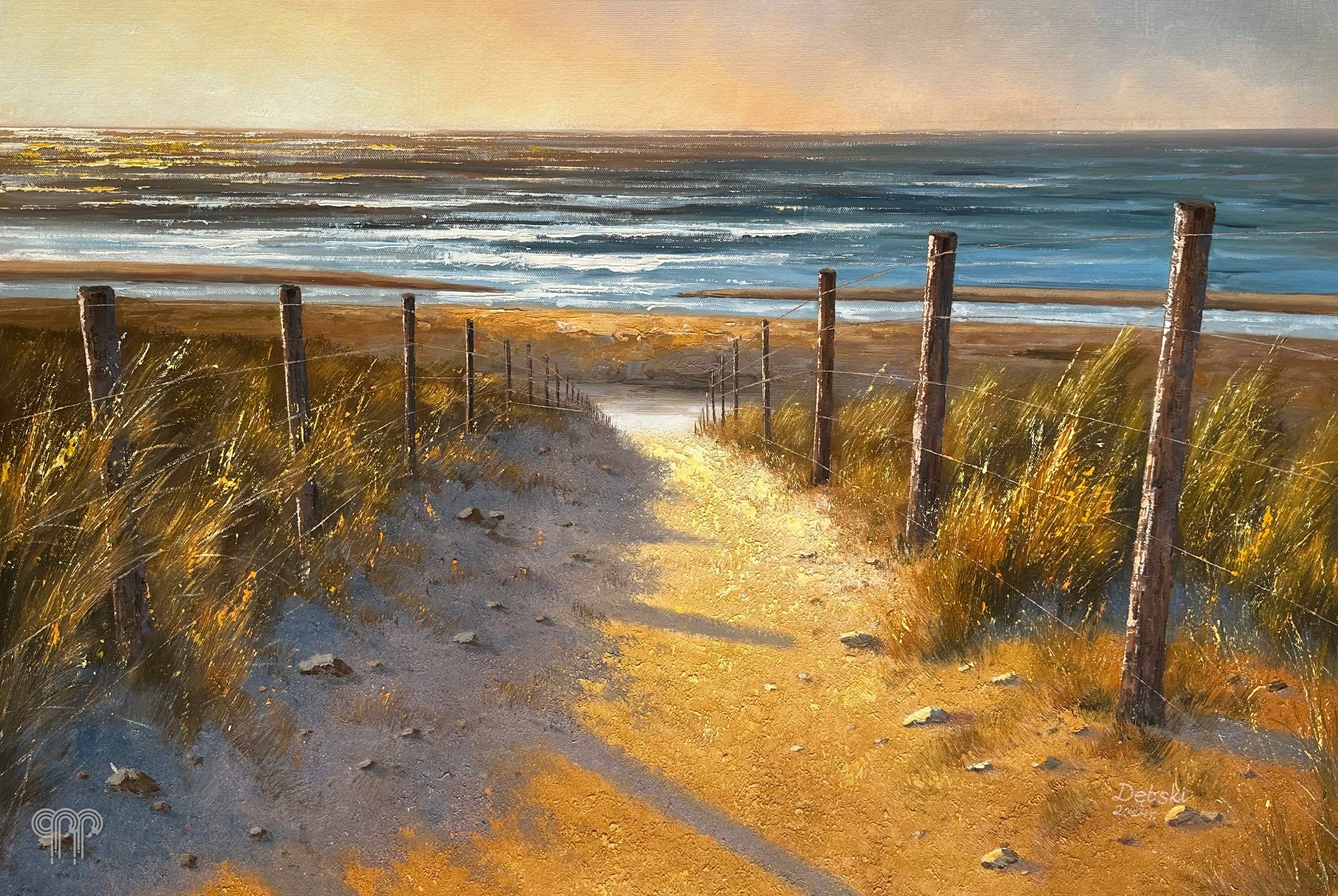 Ölgemälde Weg zum Strand - Meerblick, Sonnenuntergang, Bild für eine Pension, über dem Bett, Ostseestrand, Pfad durch die Dünen zum Meer, Gräser und Zaun, goldenes Licht, realistische Landschaft, 90 x 60 cm